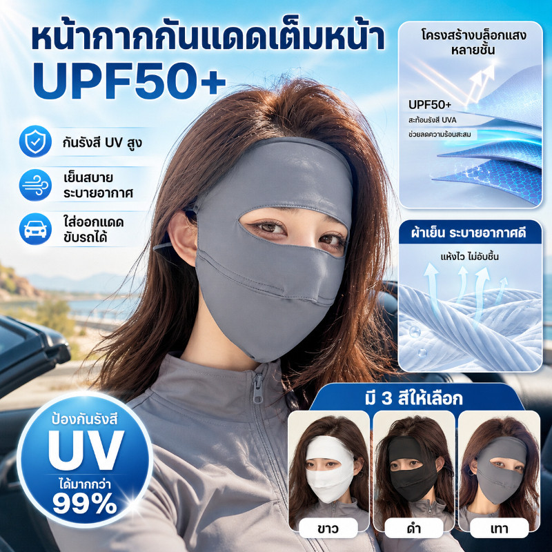 หน้ากากกันแดดกันยูวีแบบเต็มหน้า ผ้าไหมน้ำแข็ง ใส่สบาย เย็นผิว ไม่แสบหน้า