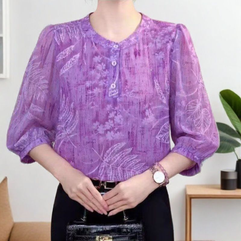 ฤดูร้อนแฟชั่นสาม Quarter แขนพิมพ์เสื้อผู้หญิงหลวมอารมณ์ All-Match Age-Reduction Slimmer ดูดอกไม้เสื้อขนาดเล็ก