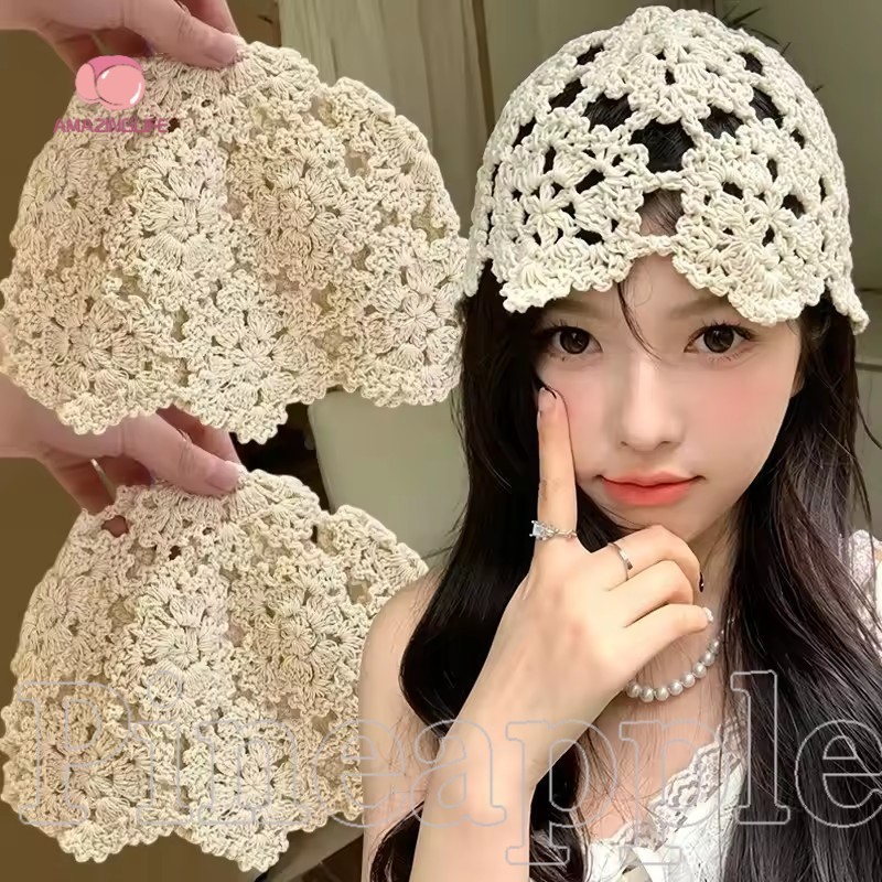 หมวกบีนนี่ลายดอกไม้เกาหลีวินเทจ สำหรับฤดูร้อน ออกแบบลายดอกไม้แบบกลวง สวมใส่ง่ายทุกวัน