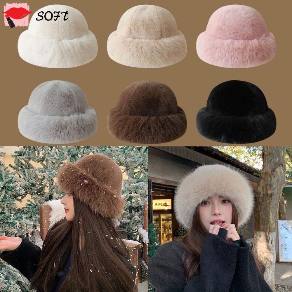 หมวกฤดูหนาว SOFTNESS เพียบพร้อมขนฟลัฟฟี่ สไตล์แฟชั่นสีทึบ ของขวัญคริสต์มาส