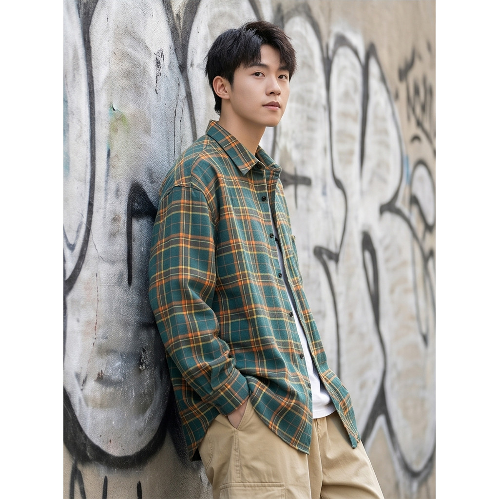 ลุควินเทจสุดเท่ 🍂 เสื้อเชิ้ตลายสก๊อตแขนยาวคอปกผู้ชาย กระดุมหน้าสไตล์เกาหลี ดีไซน์ย้อนยุคคลาสสิก ใส่แ