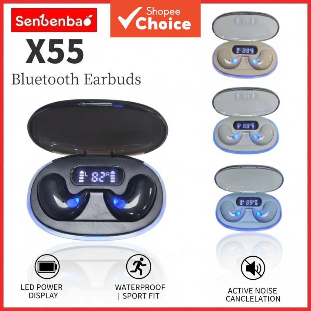 Senbenbao X55 หูฟัง TWS Sleep หูฟังไร้สายบลูทูธจอแสดงผล Led Hifi สเตอริโอตัดเสียงรบกวนชุดหูฟังกีฬากันน้ําใหม่ปี 2026 ของขวัญฤดูหนาวท่องเที่ยว