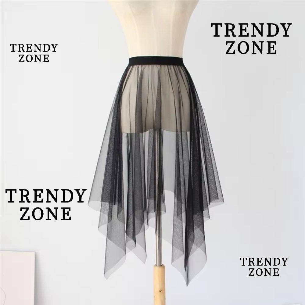 TRENDYZONE กระโปรงตาข่ายลูกไม้ Tulle แบบโปร่ง สีดำและขาว พิมพ์ลายแฟชั่นสำหรับผู้หญิง