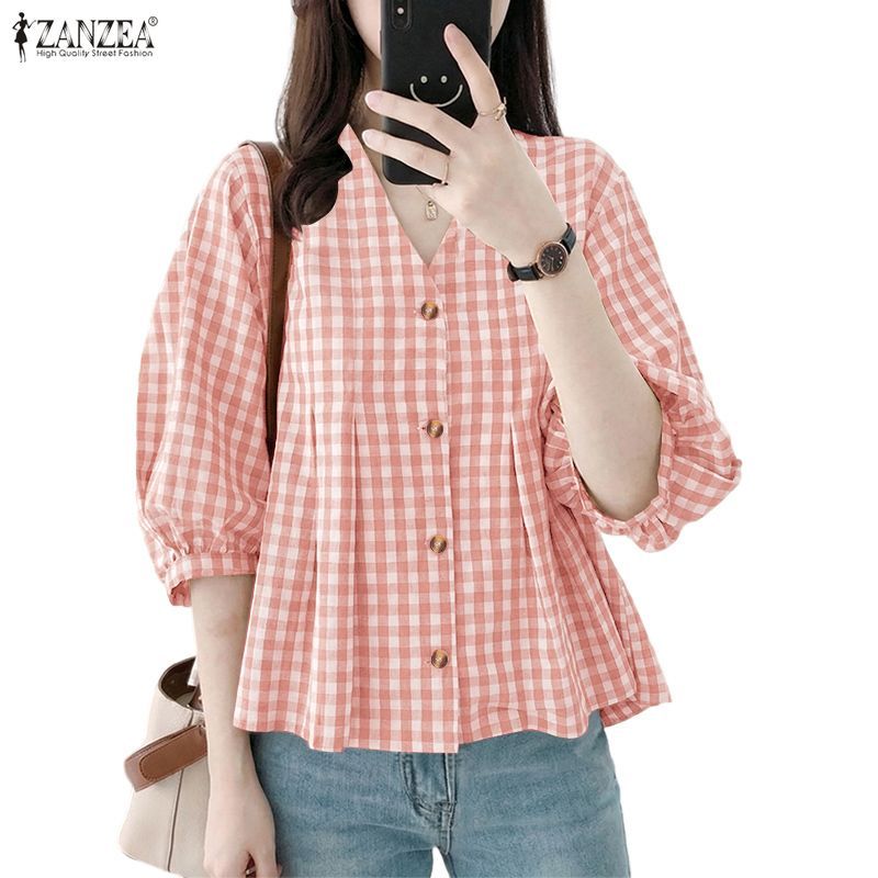 เสื้อสตรีลายสก๊อต พิมพ์ลายเกาหลี คอวี 3/4 แขนเสื้อหลวม ZANZEA