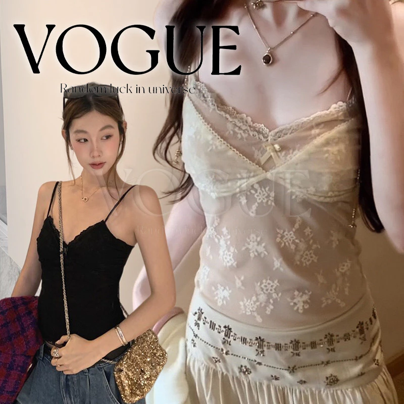 Vogue🌟พร้อมส่ง🌟 เสื้อซีทรูสายเดี่ยวลายลูกไม้ บางเซ็กซี่ ยืดตามตัว สไตล์เกาหลี (FY2059)