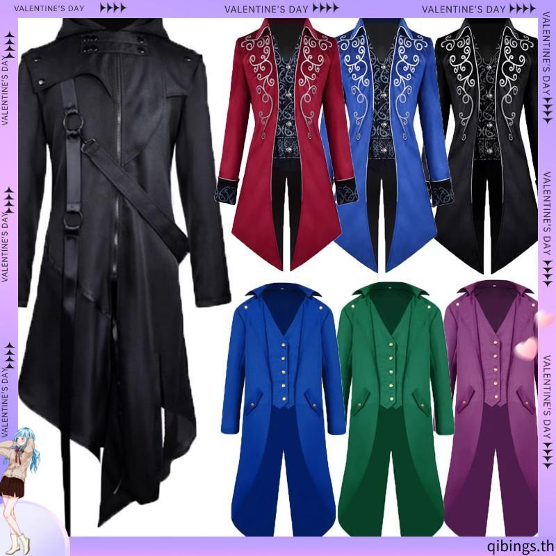 เครื่องแต่งกายยุคกลาง Steampunk ยาว Trench Coat Gothic Victorian Vintage Tailcoat Jacket Mens Double