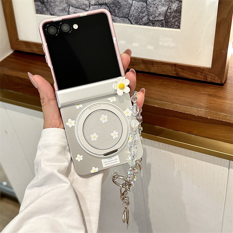 3D ดอกไม้แม่เหล็ก 360 หมุน Kickstand เคสโทรศัพท์สําหรับ Samsung Galaxy Z Flip 8 7 FE 6 5 4 พร้อมสร้อยข้อมือ