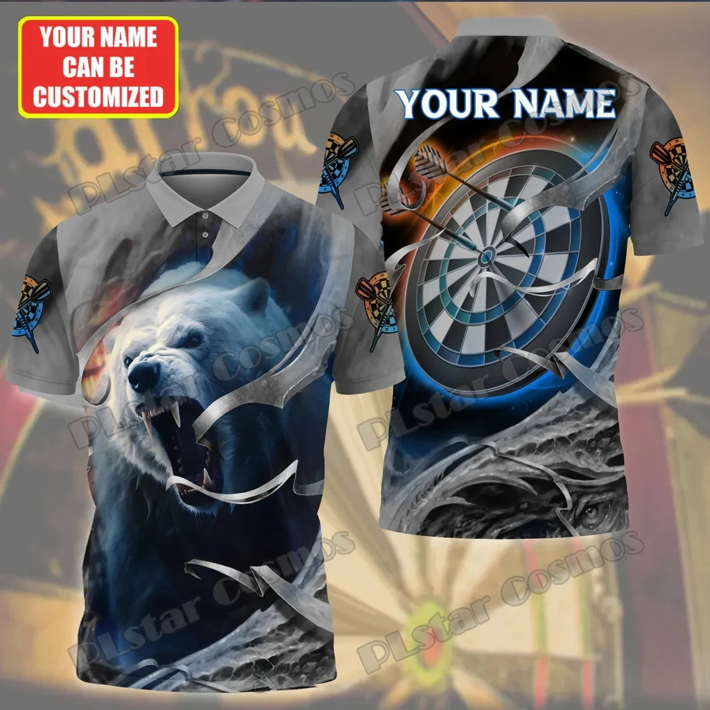 PLstar Cosmos Darts Board Wolf,Tiger,Lion,Bear ส่วนบุคคลชื่อ 3D พิมพ์เสื้อโปโลผู้ชายระดับพรีเมียมเสื