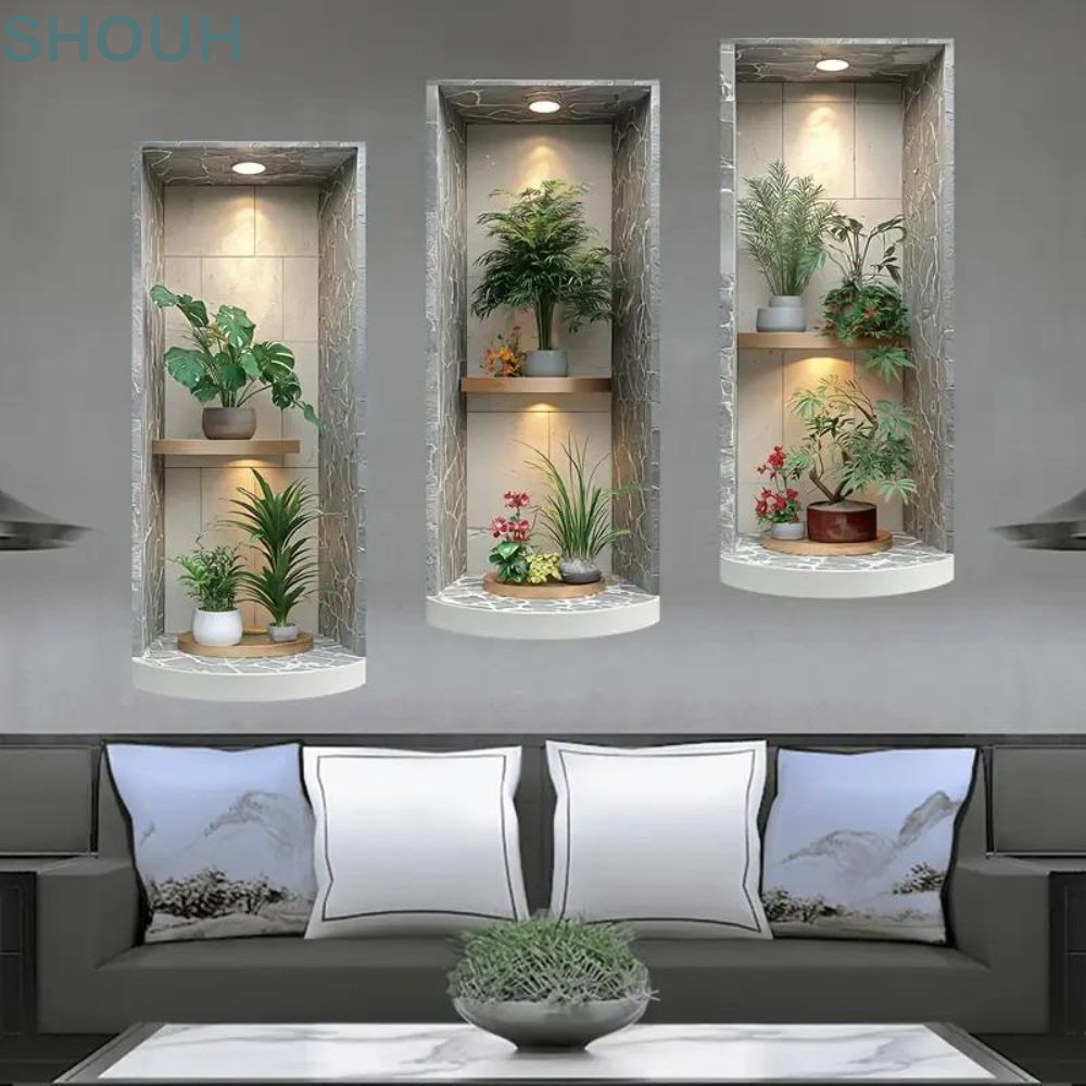 SHOUH สติ๊กเกอร์ติดผนังต้นไม้สีเขียว, ลอกง่าย 2D/ สติ๊กเกอร์กระถางต้นไม้, สติ๊กเกอร์ติดผนังพืชแบบมีกาวในตัวกันน้ําหรูหราสําหรับสํานักงานห้องนั่งเล่นตู้การศึกษา