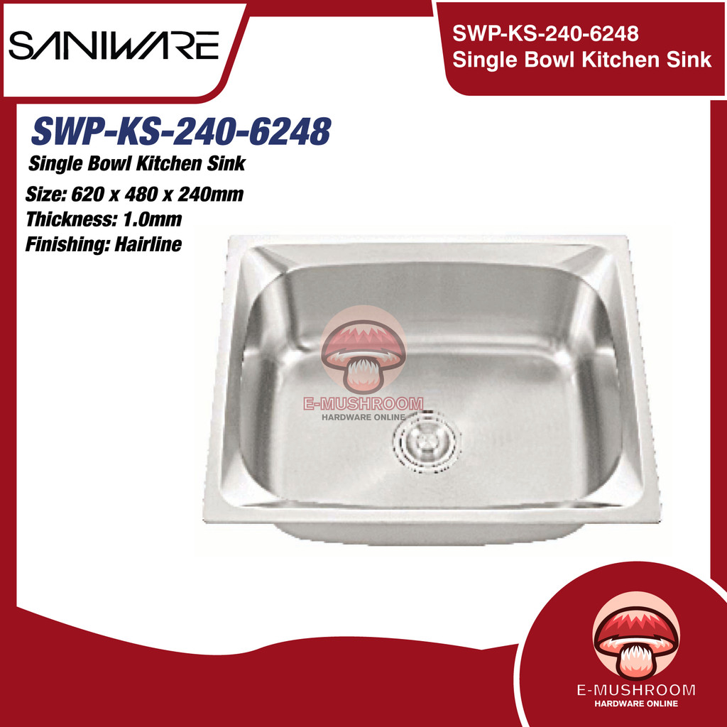 Saniware ชามเดี่ยวอ่างล้างจาน SUS304 สแตนเลส 620x480x240 มม.สําหรับซักผ้าห้องครัว SWP-KS-240-6248