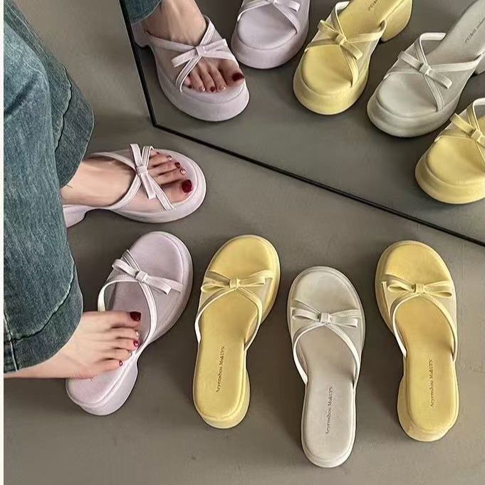 One for all พร้อมส่งจากไทย TX805 รองเท้าแตะส้นสูงโบว์ พื้นหนา8.5cm สีพาสเทล ใส่ไปเที่ยวทะเล/ไปเที่ยวสวยมาก
