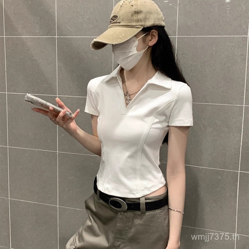 ไหล่รูปแบบใหม่เสื้อยืดคอปกสั้นเฉพาะด้านบนโปโลที่สวยงามซอกต้นฤดูร้อน2025เสื้อสวมใส่ขนาดเล็กผู้หญิงของ