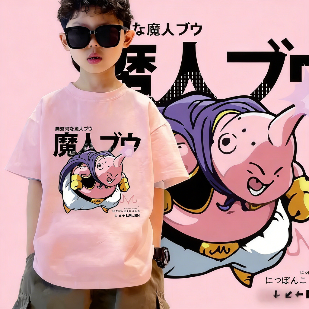 เสื้อยืดเด็กสั้นแขน อนิเมชัน Dragon Ball Z Majin Buu Dragon Ball สำหรับเด็กผู้ชายและผู้หญิงทั้งคู่ เ