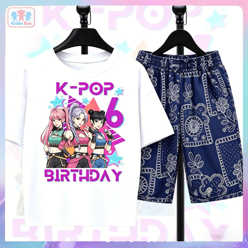 ชุดเด็กผู้หญิงวันเกิด 6 ปี K-pop Birthday เสื้อยืดผ้าฝ้ายกางเกงขาสั้น ธีมไอดอลเคป๊อป สวมใส่สบาย ฉลองวันเกิด #KidsSet ไซส