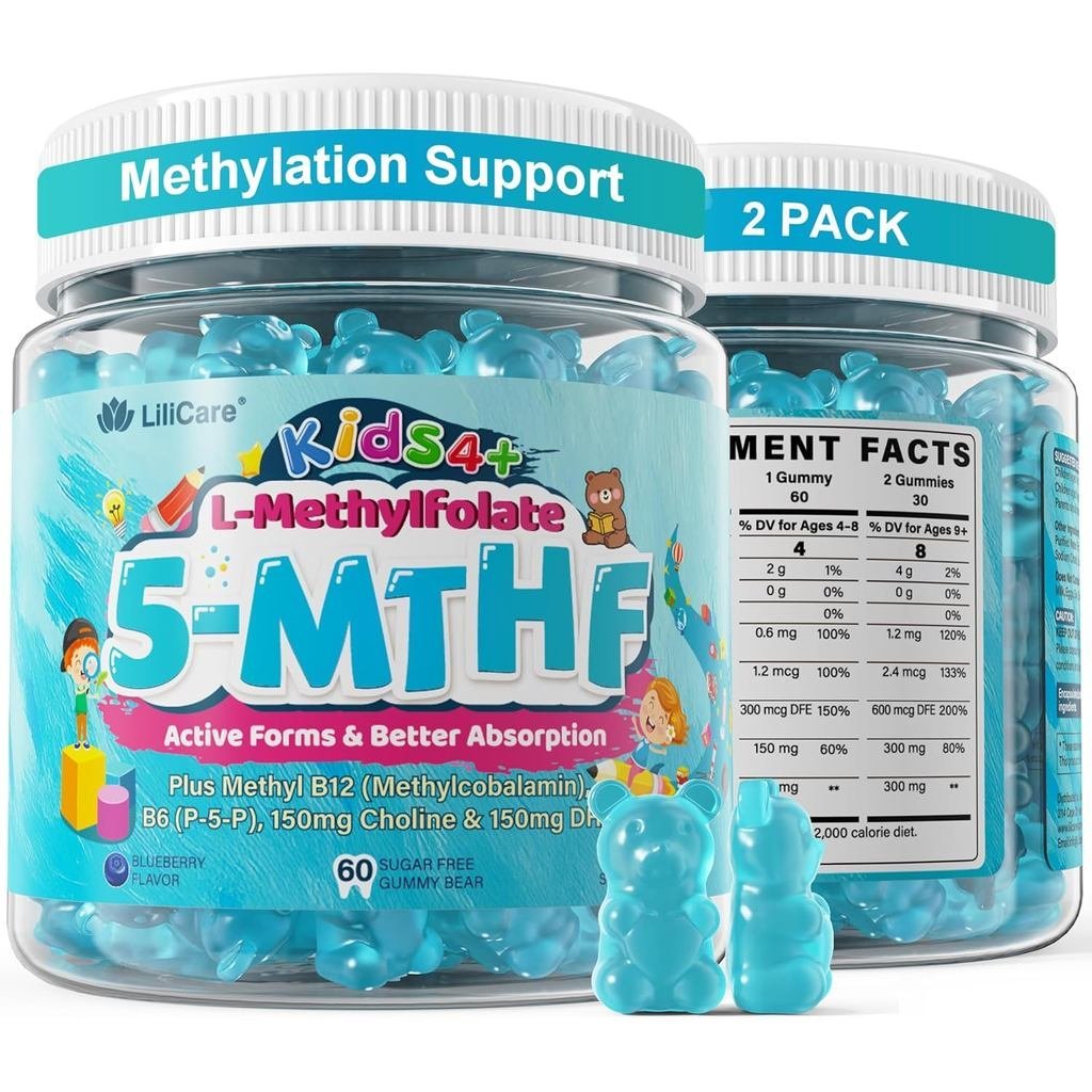 L Methylfolate for Kids Gummies, Active 5-MTHF + Methyl B12, B6, Choline & Vegan DHA, Methylated Vit