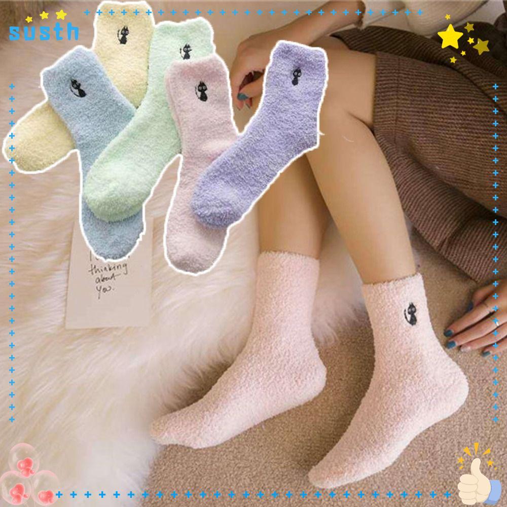 ถุงเท้า SUSTH Fuzzy, โพลีเอสเตอร์ Super Soft Cozy Fluffy รองเท้าแตะถุงเท้าสีเหลืองปุยอบอุ่นสีดํา Cat