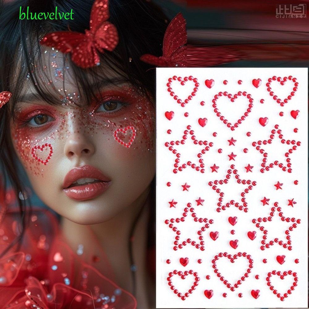 BLUEVELVET 3D คริสตัลสติกเกอร์, Rhinestone Sparkling Face รอยสักชั่วคราว, Stage แต่งหน้า Love Heart 