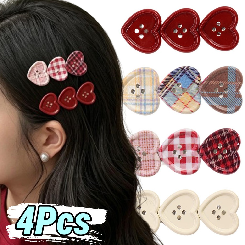 Retro ลาย Checkered กิ๊บติดผมรูปหัวใจ Sweet Love รูปปุ่มผม Pins Inshair ด้านข้าง Barrettes อุปกรณ์เสริมผมสําหรับผู้หญิง #FashionAccessoriesLover