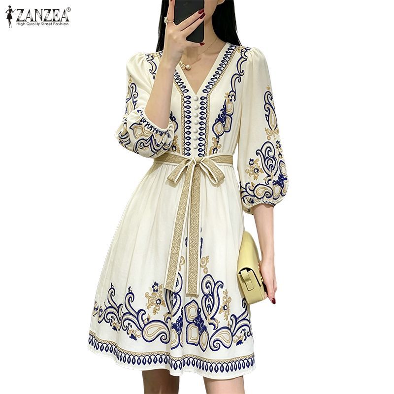 ZANZEA ซานเซีย ชุดเดรสลําลองคอกลมแขน 3/4 สําหรับผู้หญิงเกาหลีพิมพ์ลายชาติพันธุ์