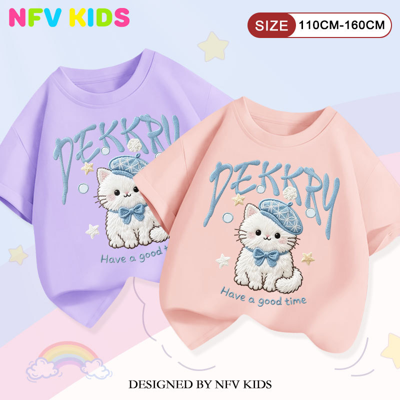 【พร้อมส่ง&COD】NFV KIDS รุ่นใหม่มาแรง💖เสื้อยืดแขนสั้นเด็กoversize ใส่ได้ทั้งเด็กชายและเด็กหญิง ลายพิมพ์แมวน่ารัก YG5663