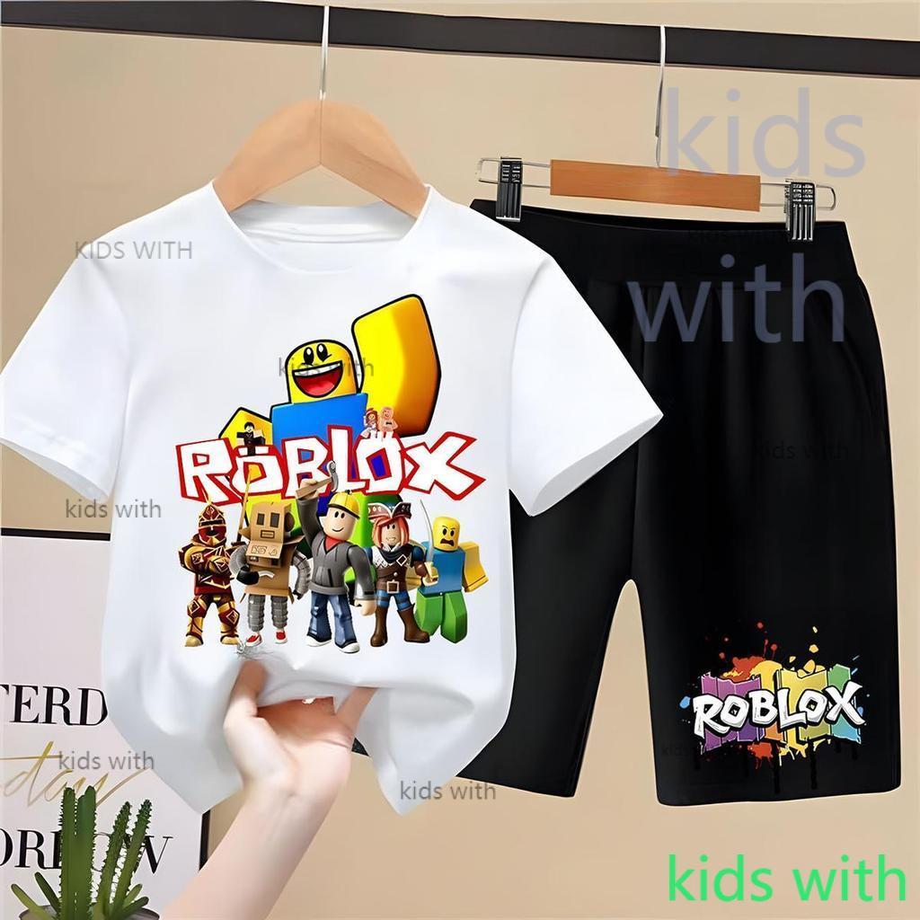 children  Robloxเสื้อยืดเด็ก คอตตอน ชุดสูทเด็กผู้ชาย ชุดลำลอง 2 ชิ้น แฟชั่น สำหรับเด็กชายตัวเล็ก ๆ เซ็ตชุดเด็ก เส