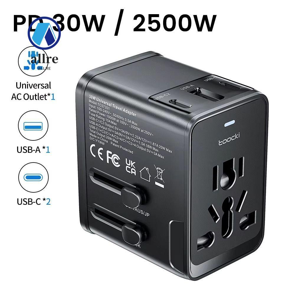 ALLRE AC Socket Converter, 30W 2USB-C & USB-A Fast Charging Travel Charger Adapter,แบบพกพาUniversal 