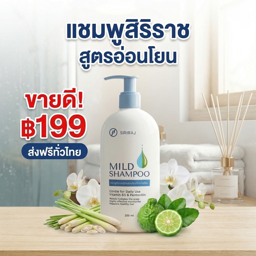 🔥ซื้อ 1 แถม 1🔥SIRIRAJ Mild Shampoo แชมพูสูตรอ่อนโยน สำหรับใช้ทุกวัน บำรุงหนังศีรษะ ชุ่มชื้นด้วย Vitamin B3 & Pentovit ผม