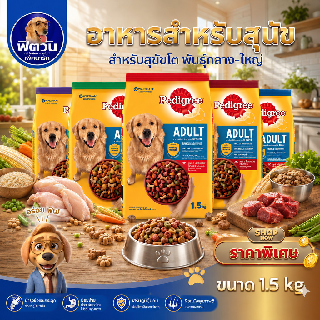 Pedigree ADULT อาหารสุนัขโต ขนาด 1.5 กิโลกรัม{อาหารสุนัขเม็ด}