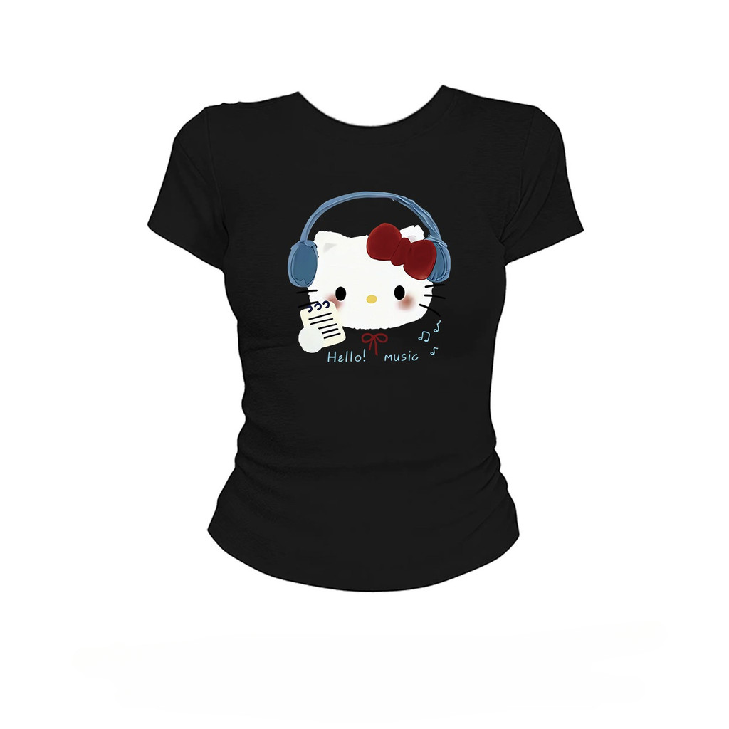(จัดส่งตลอด 24 ชั่วโมง）เสื้อ baby tee ลายแมว ฟังเพลง น่ารักสุดๆ ใส่แล้วผอม เสื้อครอป Y2K เกาหลี ลุคสาว IG
