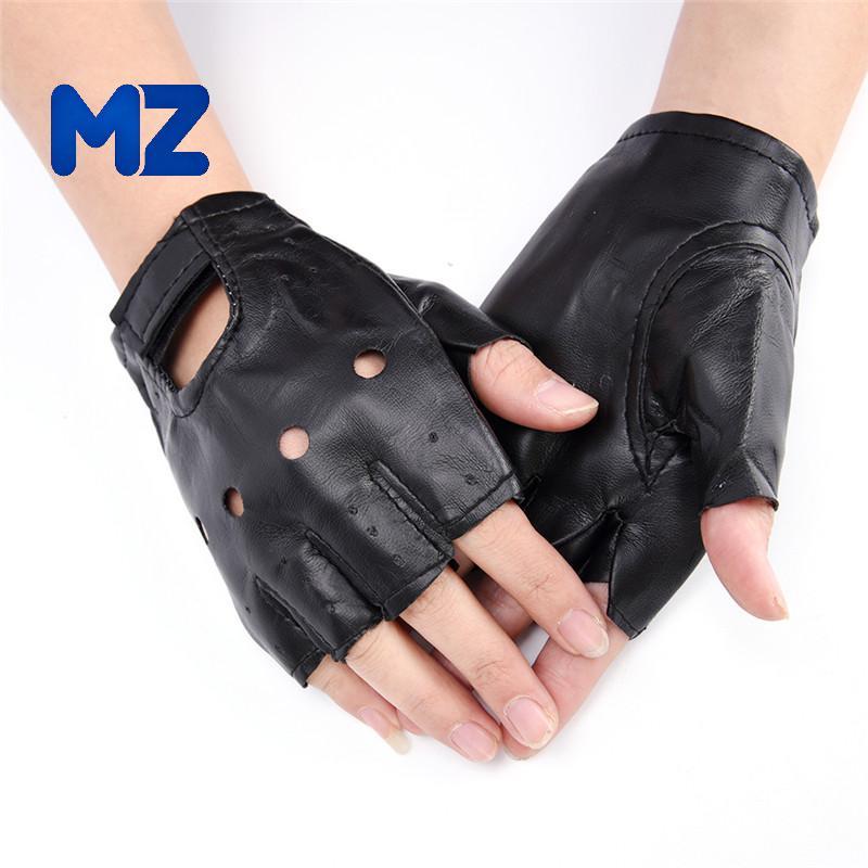 [MZ] หนัง PU Bla ขับรถรถจักรยานยนต์ Biker Fingerless ถุงมือผู้ชายผู้หญิงถุงมือ