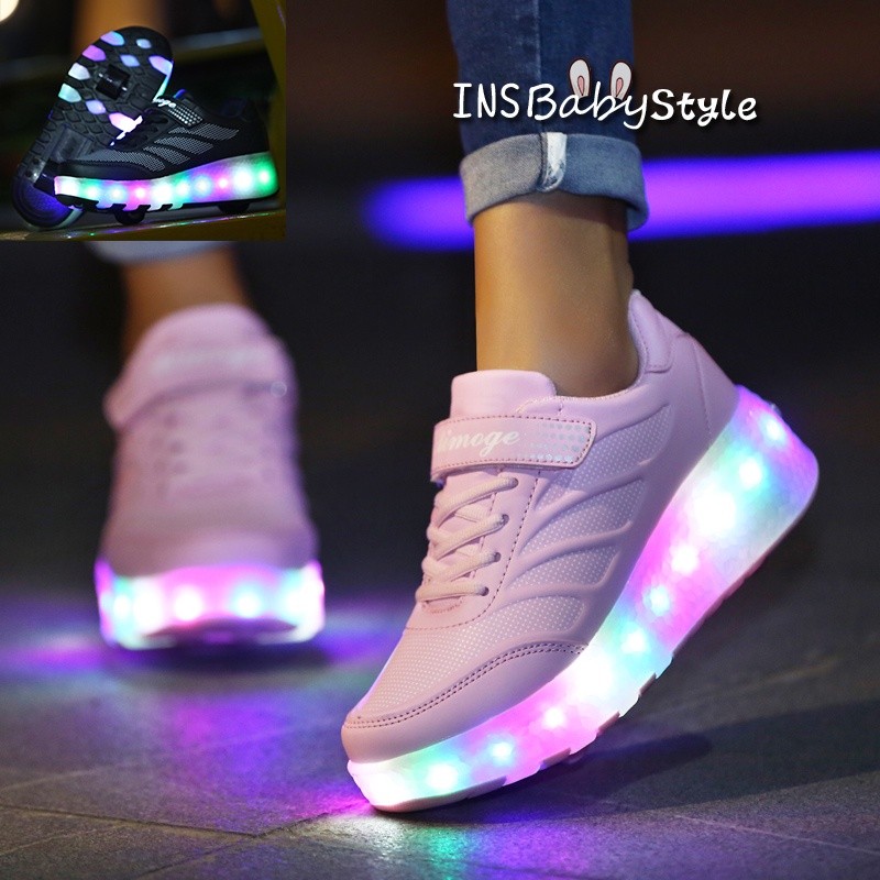 TB2 Kids Fashion LED Light Roller Shoes Double Wheels Boys Girls Leather Roller Skate Outdoor Sports