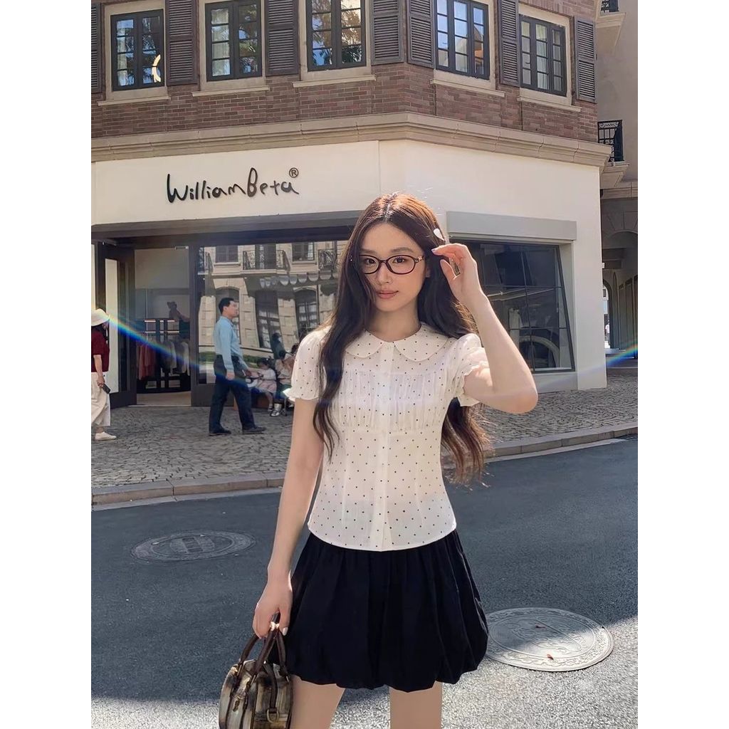 ❤sweet❤เสื้อเชิ้ตผู้หญิงแขนสั้นลายจุดปกคอปกกลม กระชับรูปสไตล์แฟชั่นฤดูร้อน