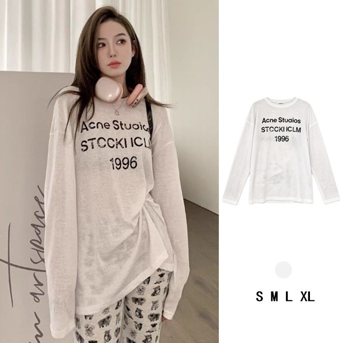 เสื้อยืดแขนยาวบางพิมพ์ลายตัวอักษรระบายอากาศลําลองสีขาวขนาดเล็ก