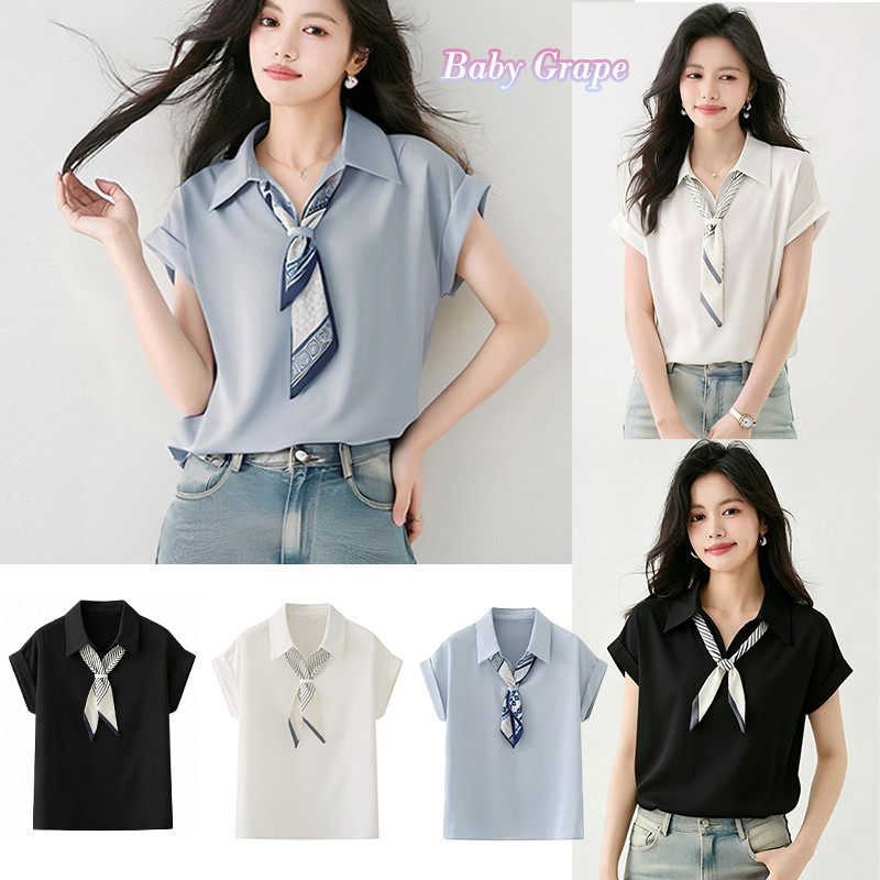 Baby Grapeเสื้อเชิ้ตแขนสั้นผ้าซาตินคอวีฝรั่งเศสสุดเก๋ในดีไซน์ทรงหลวมทรงหลวม เหมาะสำหรับฤดูร้อน#99159