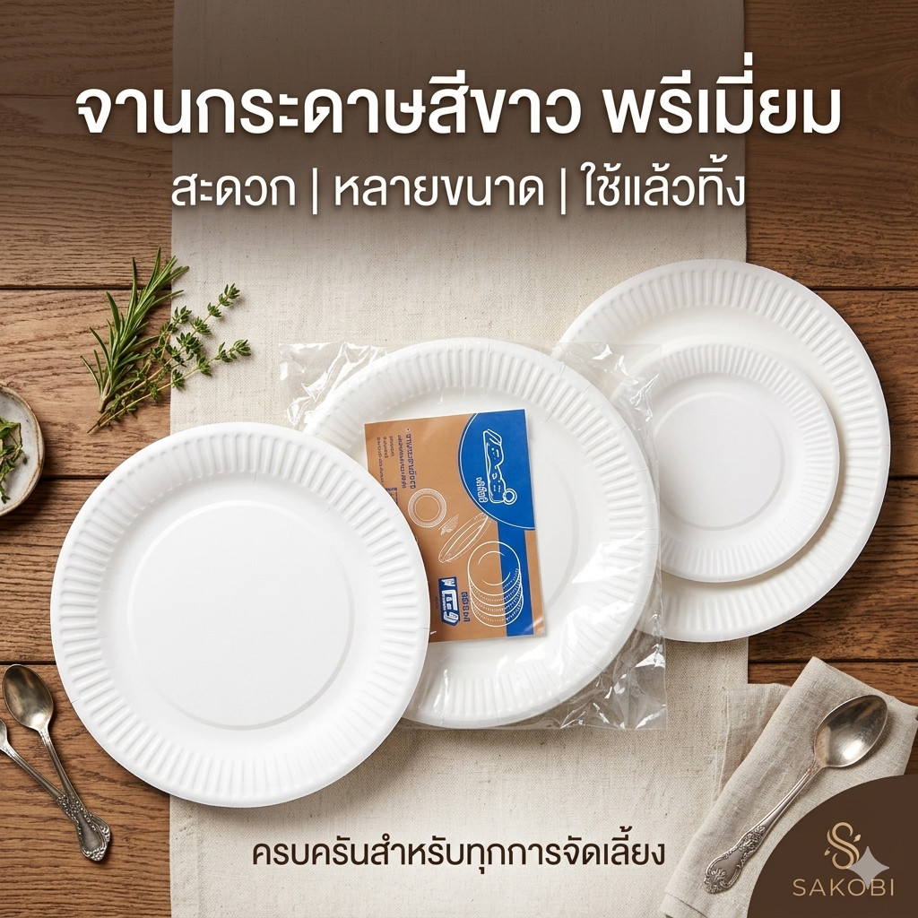 จานกระดาษสีขาว หลายขนาด ใช้แล้วทิ้ง