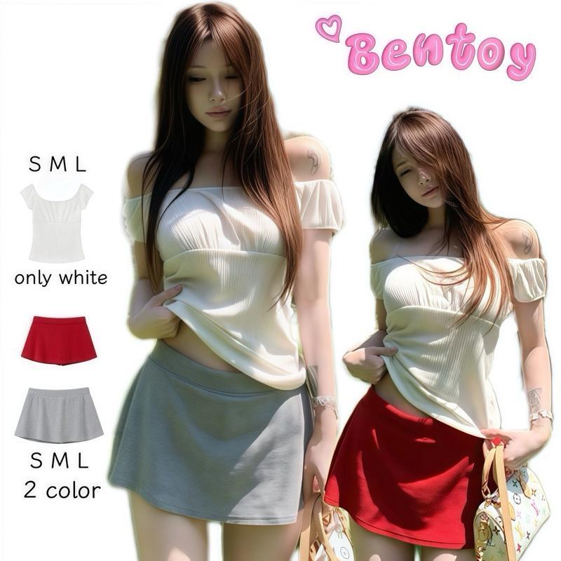 Bentoy พร้อมส่ง 2121/2120 ชุดเสื้อผ้าสตรี เสื้อยืดแขนสั้นปาดไหล่ได้ กระโปรงมีซับในเอวยืด มีไซส์SML