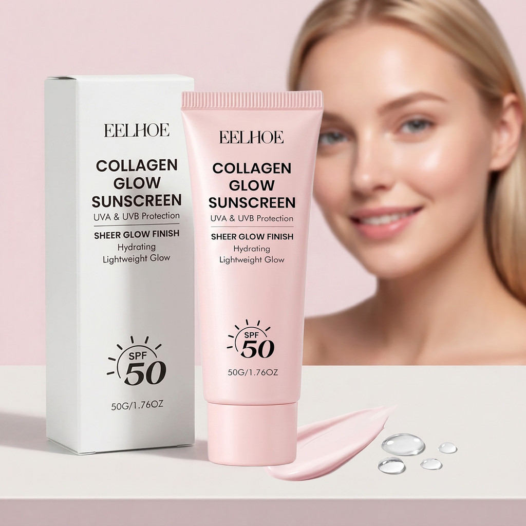 ครีมกันแดดคอลลาเจน 50g – SPF50, UVA/UVB Defense, Glowy Finish, Non-Sticky, เหมาะสําหรับการใช้งานกลาง