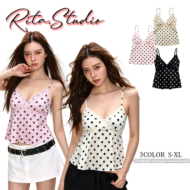 Rita พร้อมส่ง🍒เสื้อสายเดี่ยวลายจุดแต่งลูกไม้ คอวี สไตล์เกาหลี น่ารัก เซ็กซี่ แฟชั่นผู้หญิง ไซส์ S-XL มีให้เลือก3สี