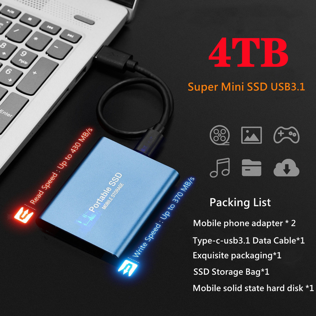 SSD ฮาร์ดไดรฟ์มือถือ 4TB 2TB USB3.0 ไดรฟ์โซลิดสเตตมือถือความเร็วสูง