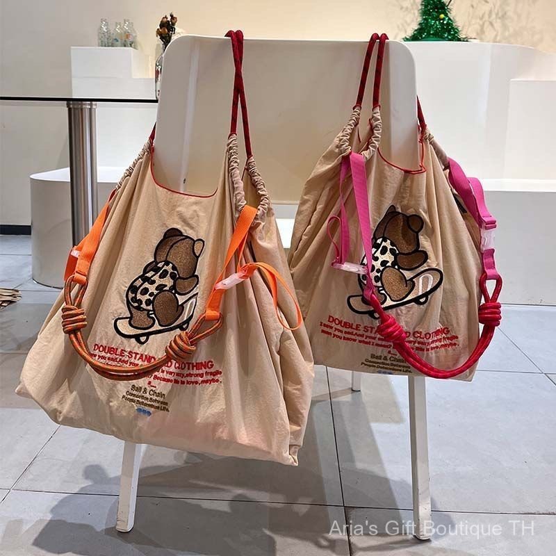 [Aria G-1] Japanese ปัก ballchain กระเป๋าสะพายช้อปปิ้งที่เป็นมิตรกับสิ่งแวดล้อม ผ้าแคนวาส แบบพกพา