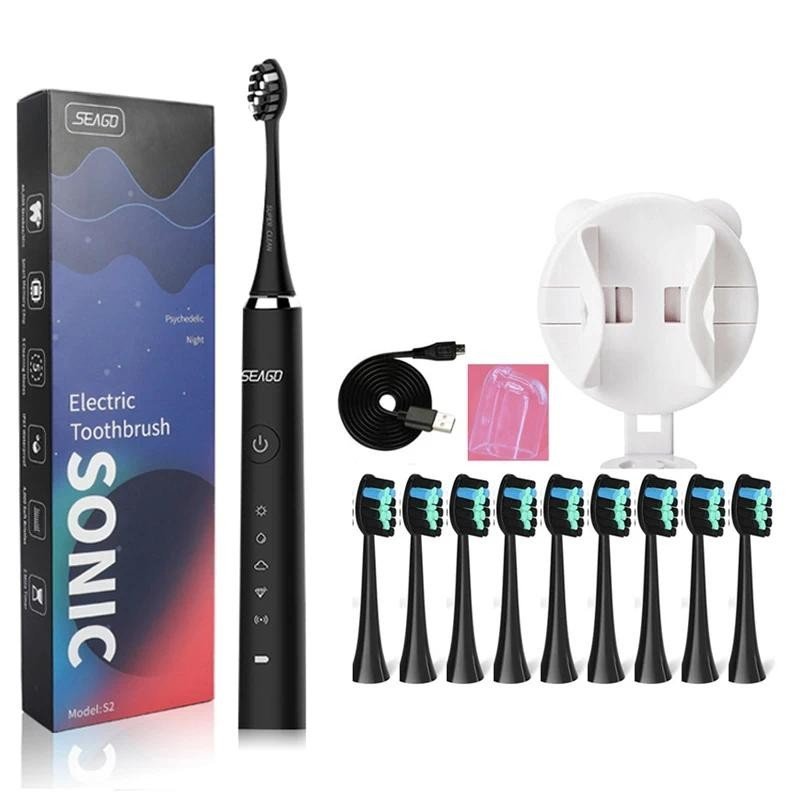 Seago S2 Adult Electric Toothbrush Rechargeable Sonic Tooth Brush 5 Brushing Modes 10 Brush Heads 2 