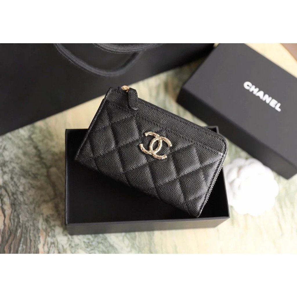 Chanel 24BL ประเภทซิปกระเป๋า chanel กระเป๋าใส่เหรียญธุรกิจผู้ถือบัตรขนาดเล็ก Ball Grain Cowhide สุภา