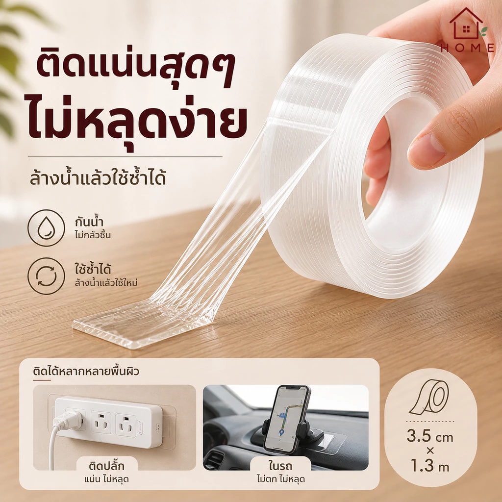 Home007 เทปกาวสองหน้านาโน กว้าง3,5cm ยาว1,3m ติดแน่นหนึบ สามารถล้างแล้วนำกลับมาใช้ได้ เทปนาโน เทปใสสารพัดประโยชน์