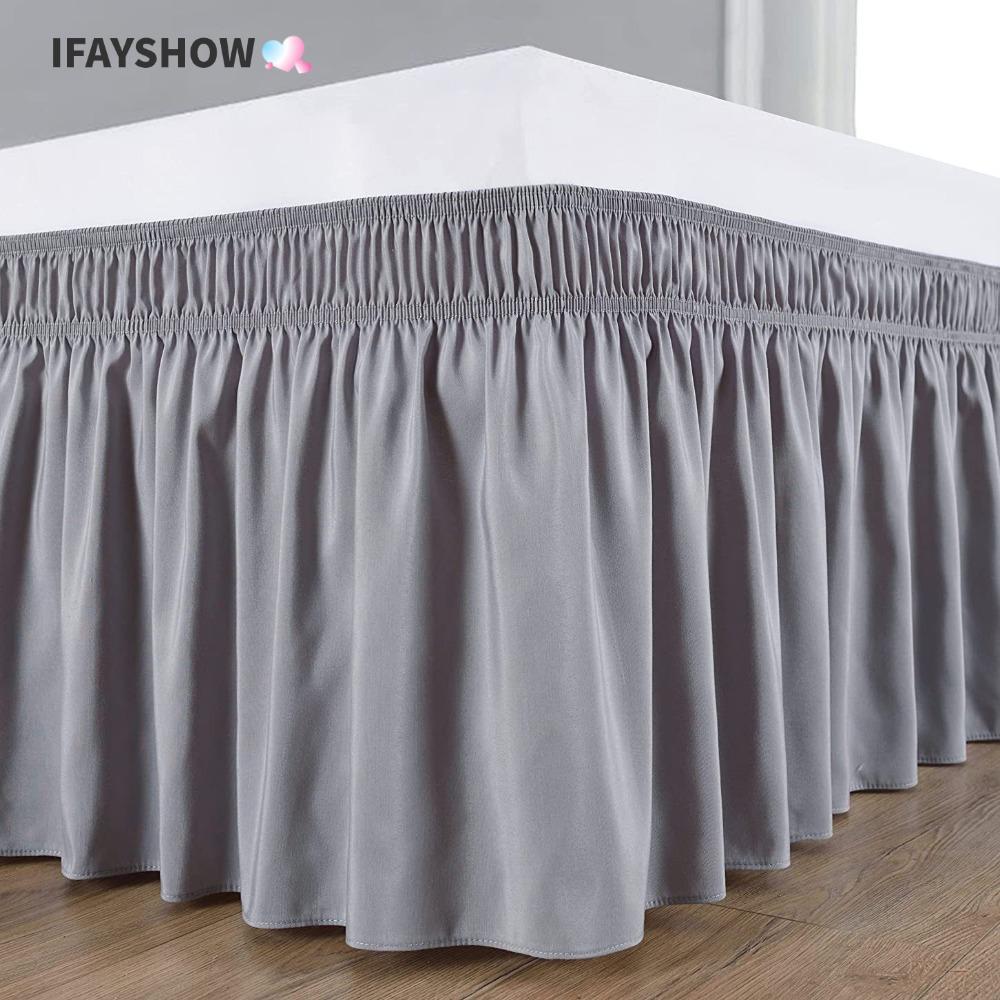 IFAYSHOW กระโปรงเตียงโพลีเอสเตอร์ยืดหยุ่น Ruffles ตกแต่งด้านข้าง สีทึบ ถอดออกได้