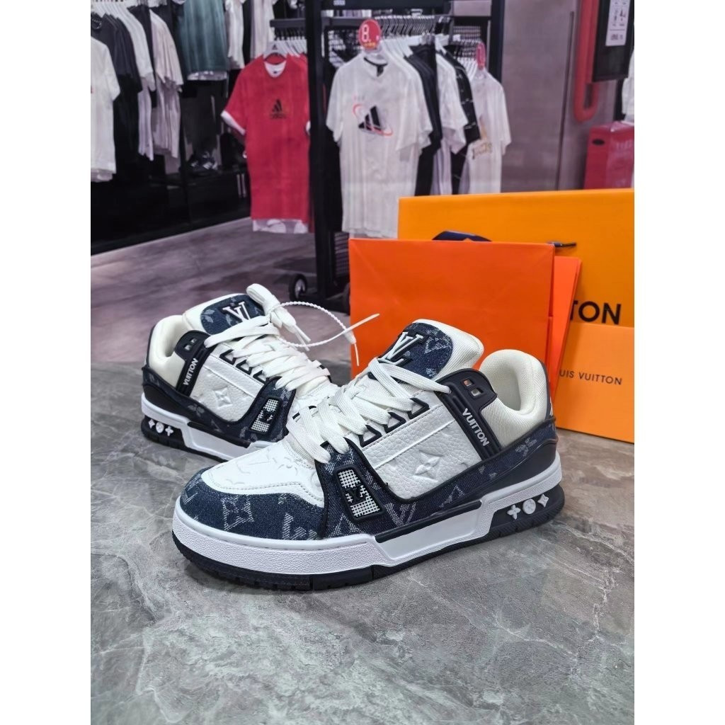 LV Mens Shoes Womens Casual Sports Shoes Genuine Leather All-Match Luxury รองเท้าผ้าใบ