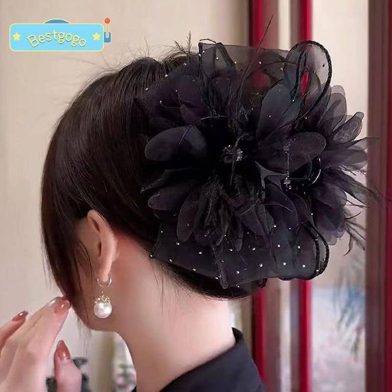 [Bestgogo-t] ตาข่ายลูกไม้ Bla Feather ริบบิ้นโบว์ผม Claws Hairpin Big Ponytail Holder กิ๊บติดผมอุปกรณ์เสริมผมสําหรับผู้หญิง