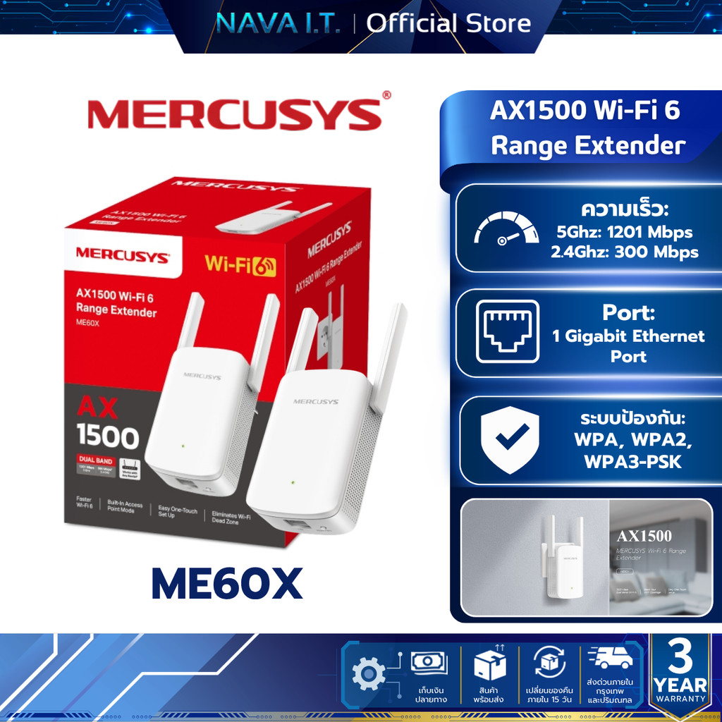 MERCUSYS ME60X Wi-Fi 6 AX1500 อุปกรณ์ขายสัญญาณรับประกัน 3 ปี
