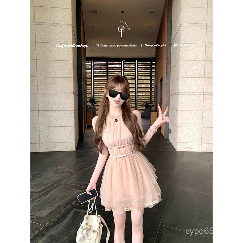 Hem 25 Nude Bow คอไม่สม่ําเสมอเล็กน้อย Drunk กระโปรงสีชมพู sorbet แขวนร่ม ss Chi C7IY