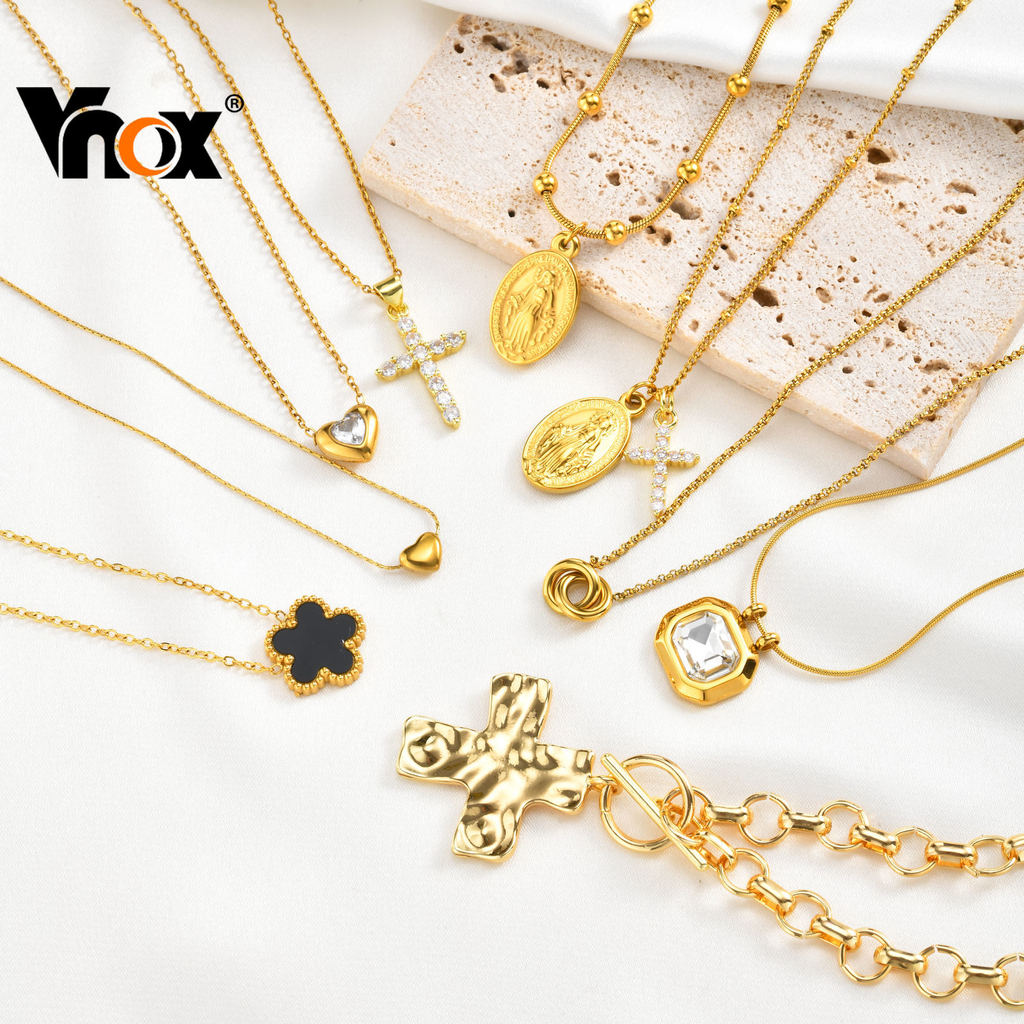 Vnox Elegant Cross Cubic Zirconia สร้อยคอดอกไม้หัวใจสําหรับผู้หญิง,สแตนเลส,Non-Fading,เหมาะสําหรับสวมใส่ทุกวัน