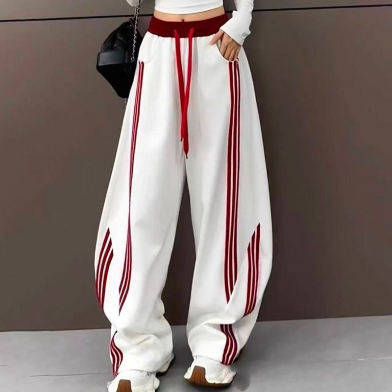 热销2026夏季美式复古条纹运动裤女宽松休闲小众垂感阔腿工装裤26511 Best-selling 2026 Summer American Retro Striped Women's Loose Casual Niche Drapey Wide-Leg Cargo Pants 26511